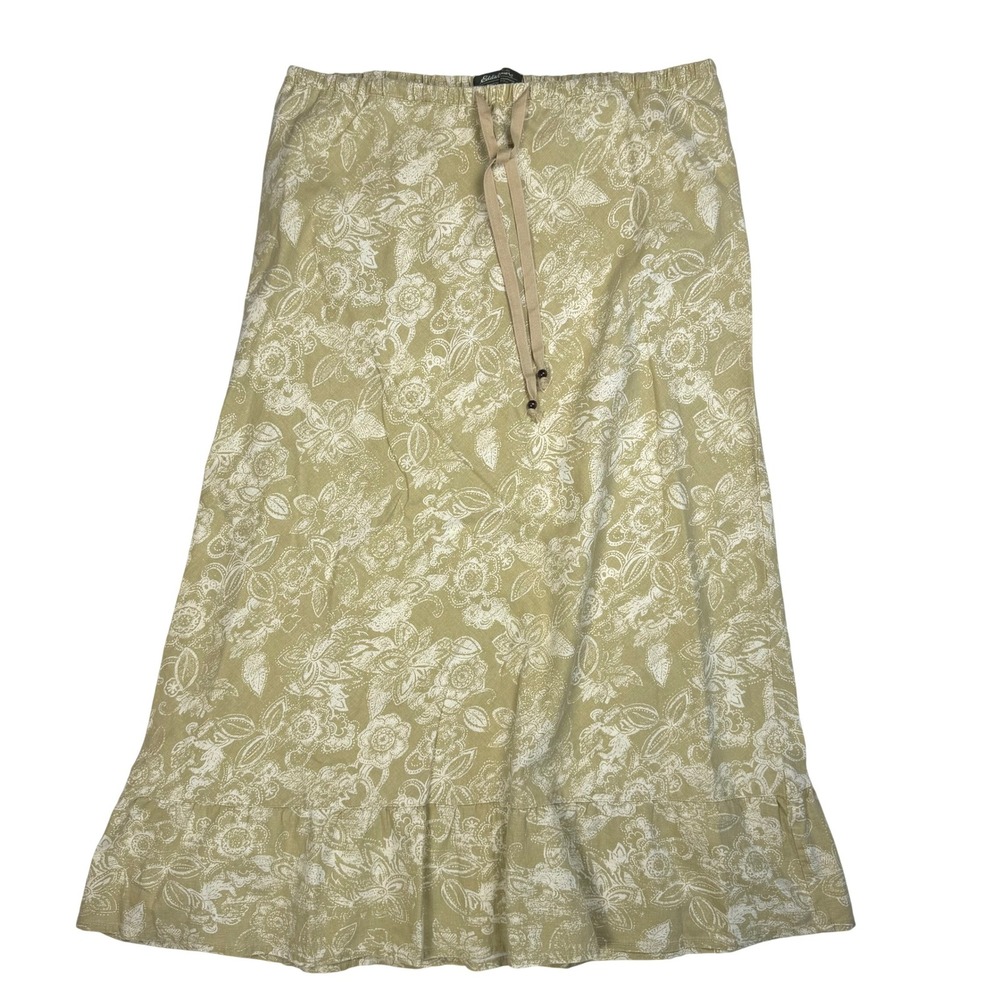 Eddie Bauer Floral Cottagecore Boho Womens Midi Skirt Tan Linen Cotton